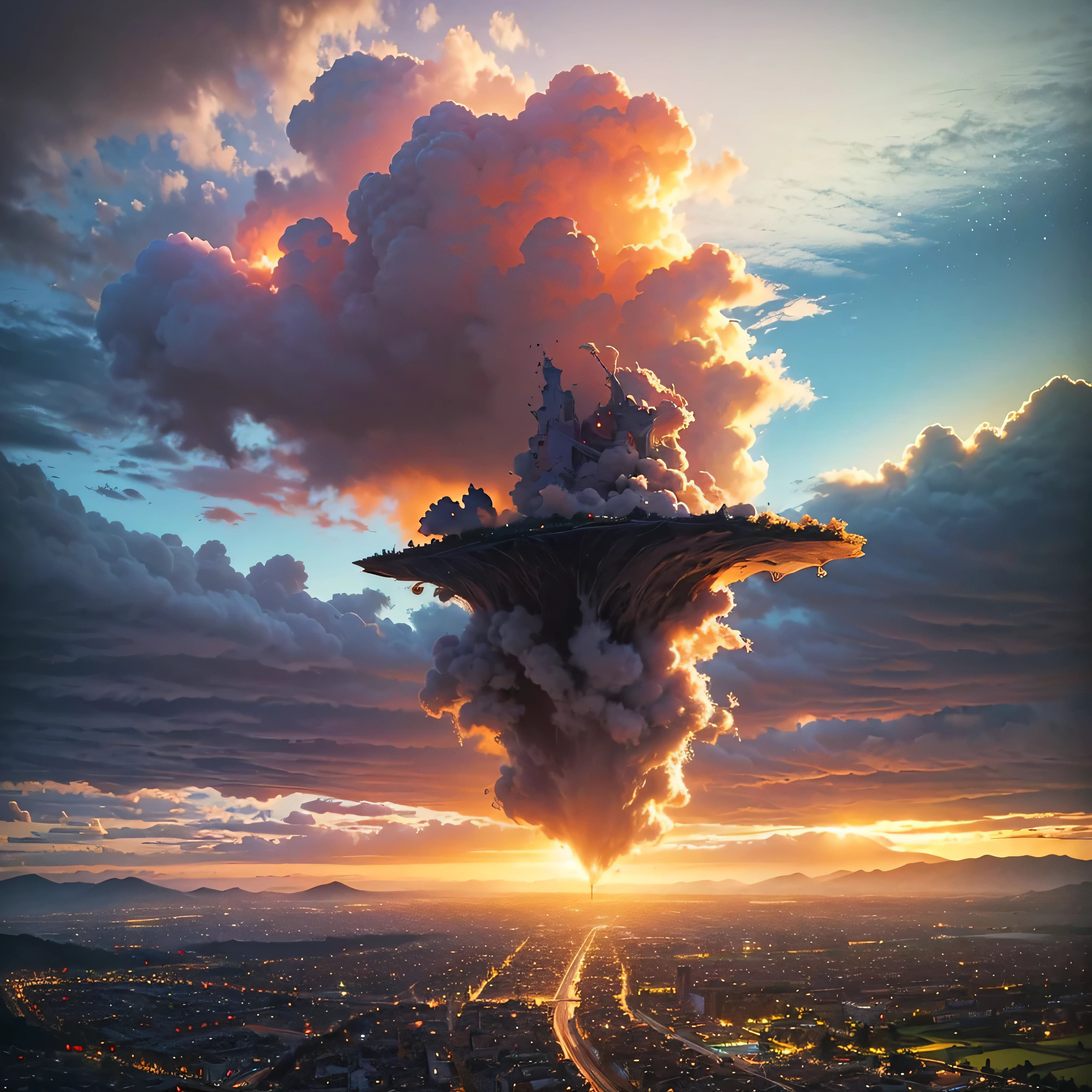 (8k, highest quality, masterpiece, final fantasy style: 1.2), (unRealistic, photoRealistic: 1.37), Dreamy landscape, Fantasy, Unsurreal landscapes, Super detailed, Flying Castle, Floating Island in the Sky, Seven-colored swirl of light, Intense lightning, milky way, Complex Light, Colored light, Large Lake, Starry sky reflected on the lake surface, Countless shining stars, Meteors, Reflections , (A pillar of light emanated from the ground:1,2),heavenly roses and orchids gardens on the ground , sunset, pink clouds, waterfall in the sky, realistic style, Hyperrealism drawing, fairies flying,