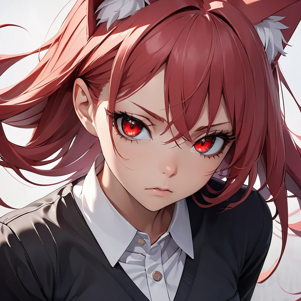 

Create an anime-style image of a fierce-looking young woman with intense red eyes and long, straight red hair, reminiscent of Lucy from Elfen Lied. She should have a serious, determined expression on her face. The woman is wearing a high-collared, black outfit that looks sleek and modern. She has a pair of light-colored, cat-like ears on top of her head, blending seamlessly with her hair. The background should be simple and light, making her striking features stand out prominently. The overall style should be highly detailed and vibrant, capturing the intensity and unique characteristics of the character, with a visual aesthetic similar to that of Elfen Lied.



