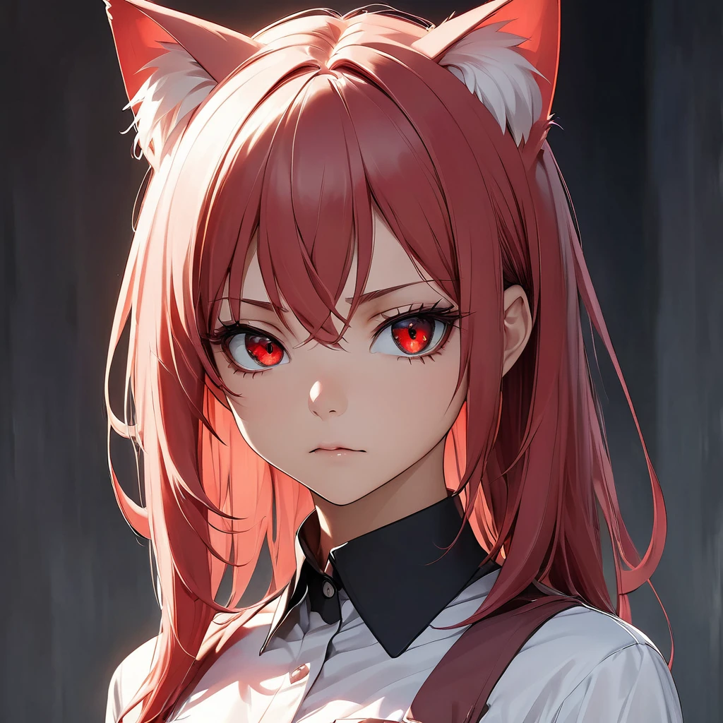 Create an anime-style image of a fierce-looking young woman with intense red eyes and long, straight red hair, reminiscent of Lucy from Elfen Lied. She should have a serious, determined expression on her face. The woman is wearing a high-collared, black outfit that looks sleek and modern. She has a pair of light-colored, cat-like ears on top of her head, blending seamlessly with her hair. The background should be simple and light, making her striking features stand out prominently. The overall style should be highly detailed and vibrant, capturing the intensity and unique characteristics of the character, with a visual aesthetic similar to that of Elfen Lied.