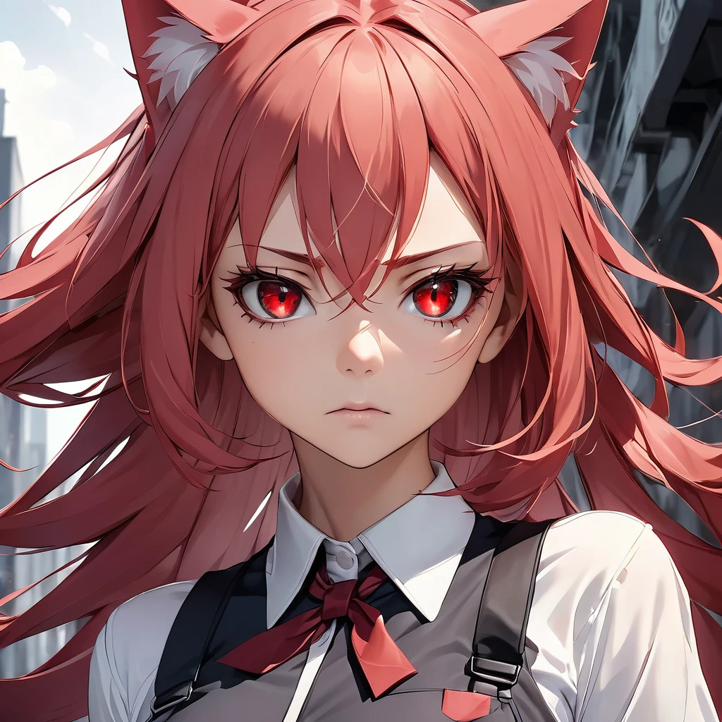 Create an anime-style image of a fierce-looking young woman with intense red eyes and long, straight red hair, reminiscent of Lucy from Elfen Lied. She should have a serious, determined expression on her face. The woman is wearing a high-collared, black outfit that looks sleek and modern. She has a pair of light-colored, cat-like ears on top of her head, blending seamlessly with her hair. The background should be simple and light, making her striking features stand out prominently. The overall style should be highly detailed and vibrant, capturing the intensity and unique characteristics of the character, with a visual aesthetic similar to that of Elfen Lied.
