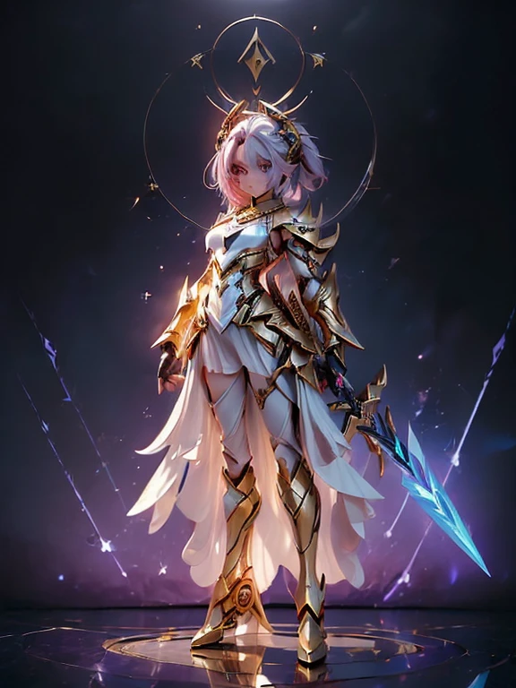 Design a layout showcase Gaming character, (1girl). Golden+Purle clothes, stylish and unique, ((showcase weapon:1.4)), magic staff, (masterpiece:1.2), (best quality), 4k, ultra-detailed, (Step by step design, layout art:1.5), (luminous lighting, atmospheric lighting), magican, ((glove full hands)), (((revealing clothes:1.3))), vambraces, armored legwear, (((full_body_shot:1.4)))
