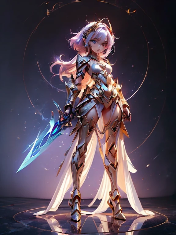 Design a layout showcase Gaming character, (1girl). Golden+Purle clothes, stylish and unique, ((showcase weapon:1.4)), magic staff, (masterpiece:1.2), (best quality), 4k, ultra-detailed, (Step by step design, layout art:1.5), (luminous lighting, atmospheric lighting), magican, ((glove full hands)), (((revealing clothes:1.3))), vambraces, armored legwear, (((full_body_shot:1.4)))