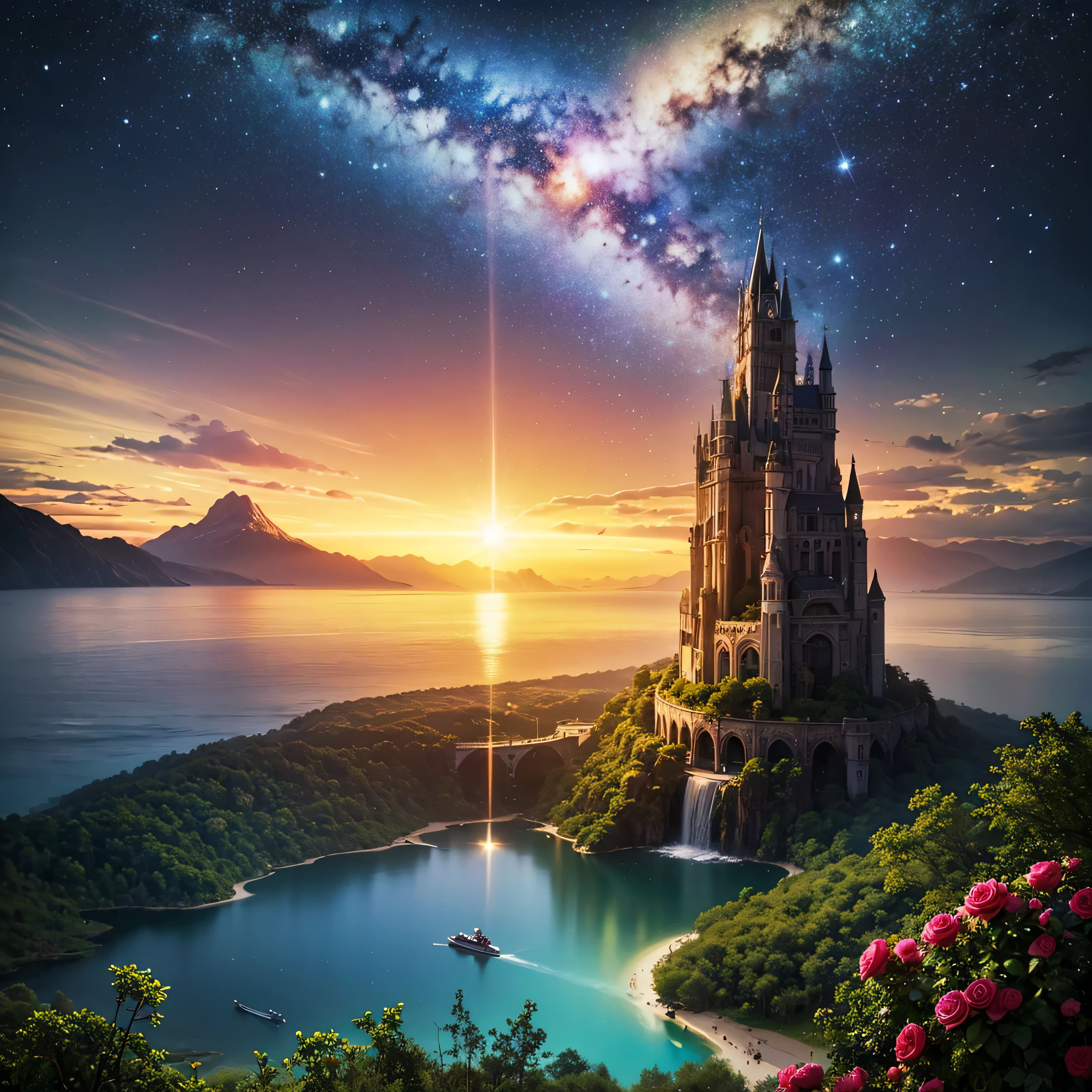 (8k, highest quality, masterpiece, final fantasy style: 1.2), (unRealistic, photoRealistic: 1.37), Dreamy landscape, Fantasy, Unsurreal landscapes, Super detailed, Flying Castle, Floating Island in the Sky, Seven-colored swirl of light, Intense lightning, milky way, Complex Light, Colored light, Large Lake, Starry sky reflected on the lake surface, Countless shining stars, Meteors,  Reflections , (A pillar of light emanated from the ground:1,2),heavenly roses and orchids gardens on the ground , sunset, pink clouds, waterfall in the sky, realistic style, Hyperrealism drawing, fairies flying, 