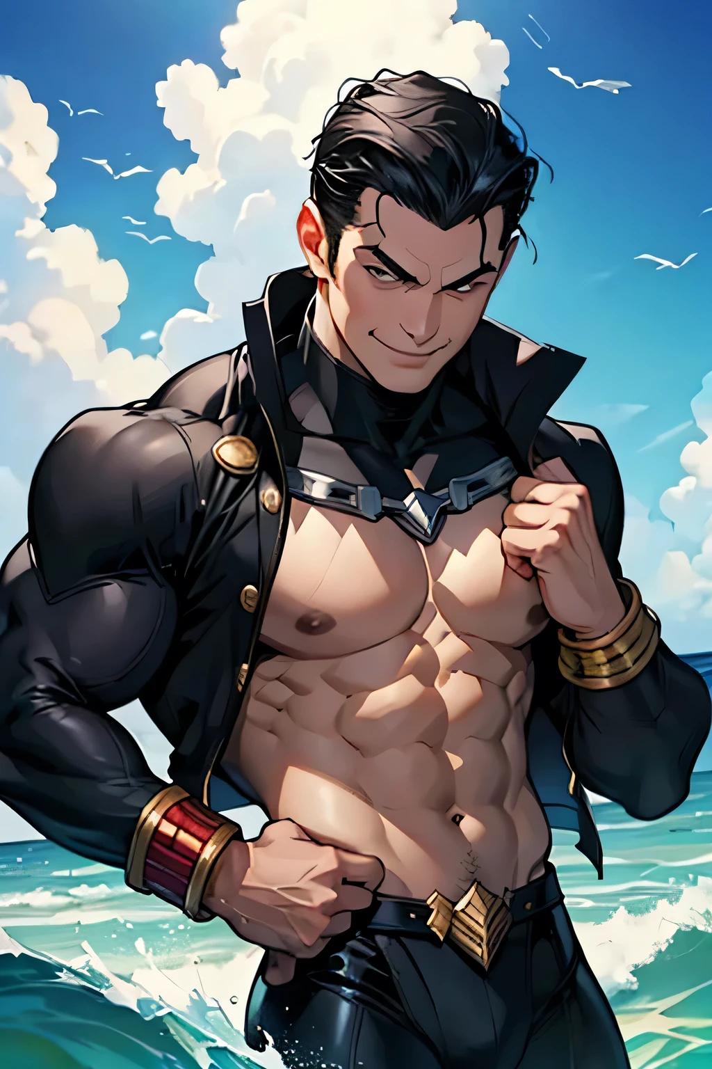 man, white skin, smile, black hair, sea, Namor, marvel HQ, iron bracelets, black suit with chest opening