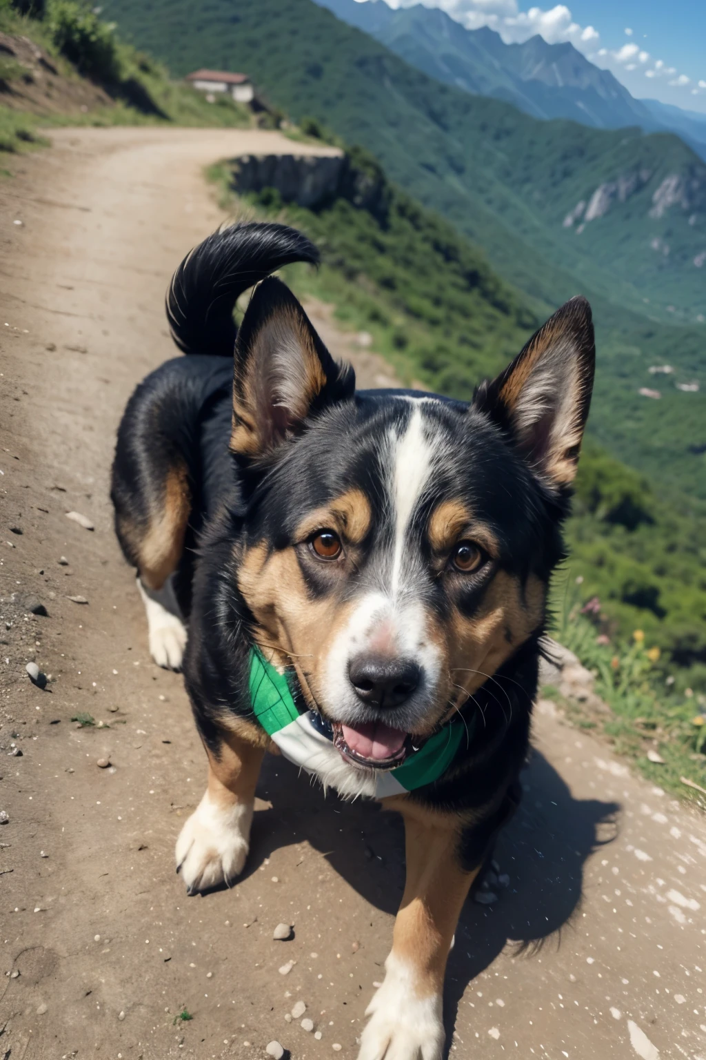 Create a dog with the Brazilian national team shirt climbing a mountain
