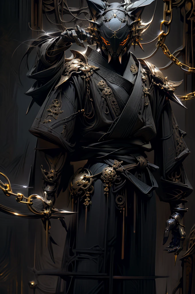 Male black fox humanoid, armor, fluffy tail, golden eyes, chains, darkness.