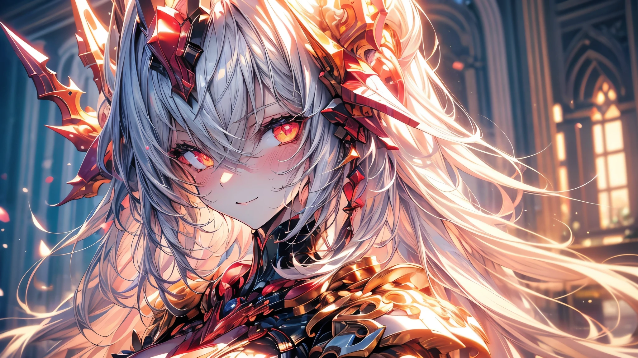 Anime girl with long white hair and red eyes in a dark room - SeaArt AI
