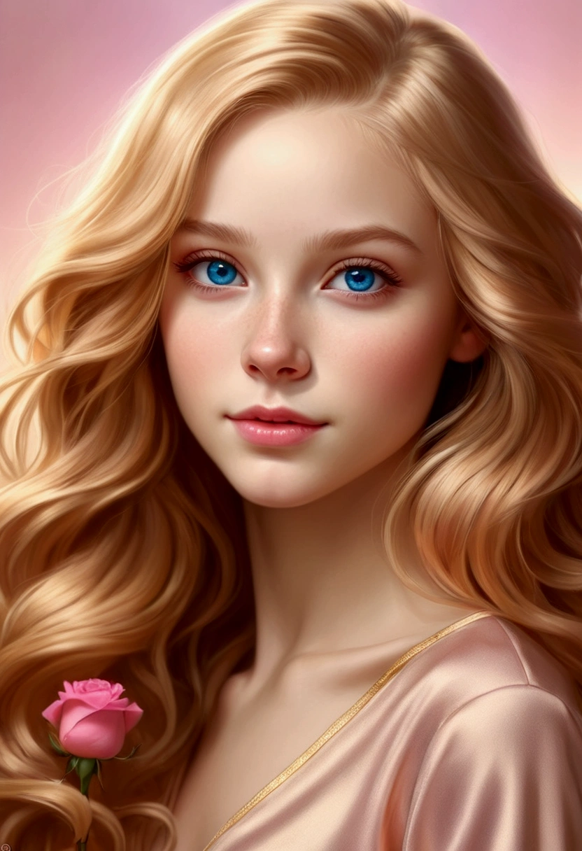 Adorable and innocent face, fair skin, (long and wavy gold hair), blue eyes, slender European young woman, pink gold rose gold color themed, anatomically correct, realistic proportions, Realistic Photo