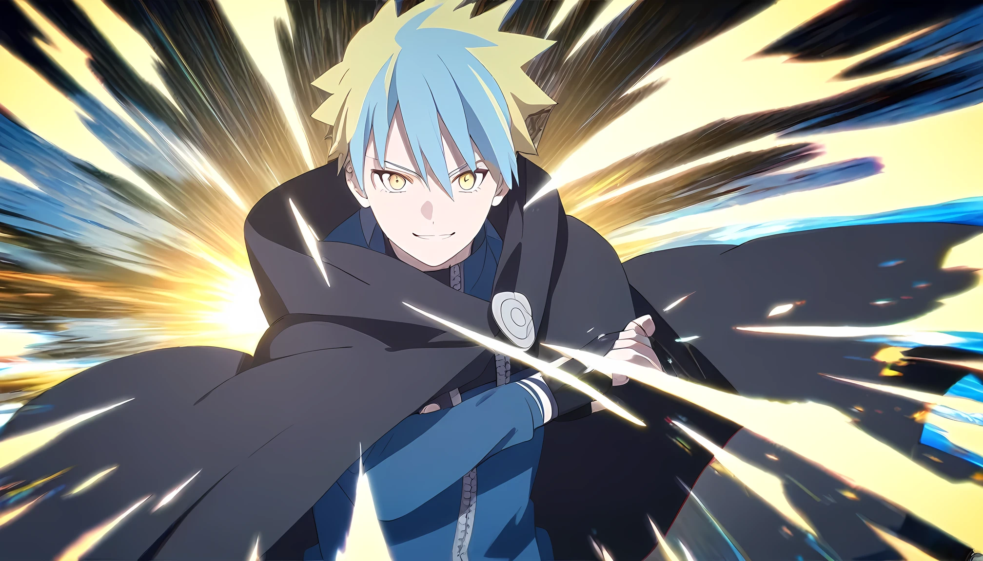 1Male,Yellow Hair,light blue multicolored hair, yellow eyes,Blue Outfits,black cloak,smiles,Anime Style,Rimuru style,Naruto Style,HD, dimension effect