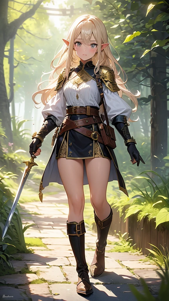 Create a series of detailed images of a beautiful 18 year old girl with the following characteristics and outfits. Each image must feature the girl in a different pose, maintaining the same style and details of the outfit:
character features:
body hair: brown, far away, cascading down to the waist, with a slight curl at the ends.
eyeballs: greens, bright and expressive.
ears: Elven, pointed and graceful, slightly visible through the hair.
vestimentas:
blouse: manga curta, elven-style, made from a light and resistant moss green fabric, adorned with golden embroidery that forms intricate patterns of leaves and vines.
armour: maroon de couro, with finely crafted plates, molded to fit the body, providing both protection and mobility. The armor has bronze details, with elven symbols engraved on the shoulders and chest.
Short: maroon, made from the same leather as the armor, with small side pockets and a belt with a buckle decorated with an elven emblem.
booties: highres, up to the knee, made of dark brown leather. The boots are reinforced with metal plates on the ankles and shins., and have interlaced leather side zips. The top of the boots is adorned with embroidery that matches that of the blouse..
Poses:
Pose 1: standing, with one hand on his waist and the other holding a sheathed sword.
Scenario:
Add a magical forest setting to the background, with soft lights and bright plants, to complete the elven atmosphere in each image.