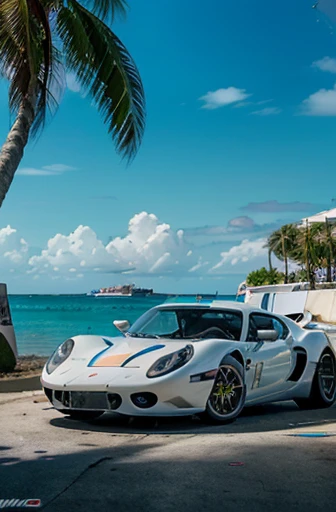 White Lotus Europa in Miami, Very detailed, Realistic, Studio Lighting, Very detailed, 8k, Highest quality, (masterpiece:1.2), Dynamic configuration, metallic paint, Glossy finish, reflection, Neon Light, Palm tree, The sea in the background, Sunlit, Vibrant colors, Synthwave, Retro Wave
