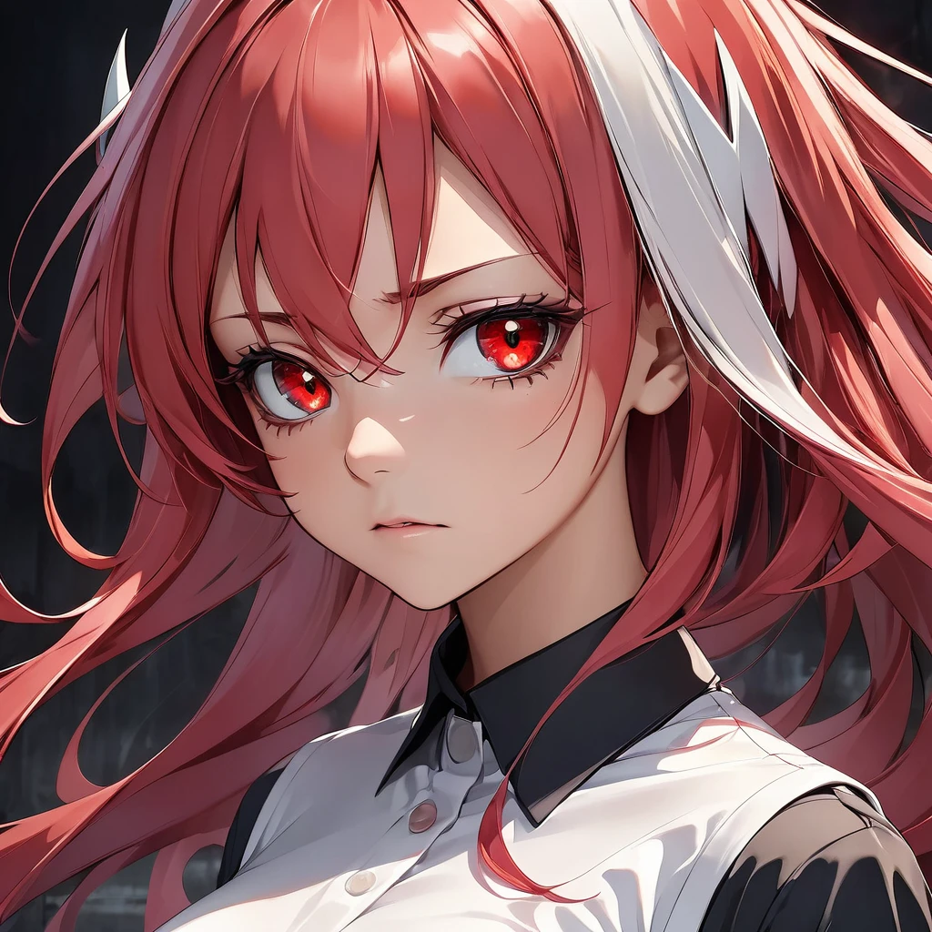 Create an anime-style image of a fierce-looking young woman with intense red eyes and long, straight red hair, reminiscent of Lucy from Elfen Lied. She should have a serious, determined expression on her face. The woman is wearing a high-collared, black outfit that looks sleek and modern. She has a pair of light-colored, protuberances on top of her head, blending seamlessly with her hair. The background should be simple and light, making her striking features stand out prominently. The overall style should be highly detailed and vibrant, capturing the intensity and unique characteristics of the character, with a visual aesthetic similar to that of Elfen Lied.