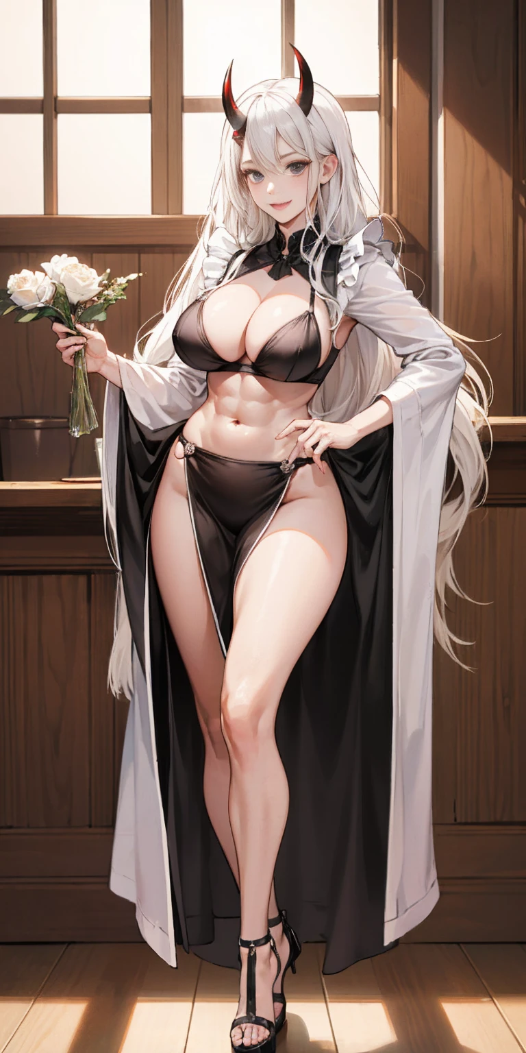 1 full length girl standing, good ass, maid of honor, Hairstyle with a white braid, white hair, blind, perfect lighting, muscular, thighs, mature woman, Mummy, belly button, ABS, look at the viewer (masterpiece, high quality: 1.1) smile, Extremely huge breasts, maternal, Porcelain skin, Extra long hair, shiny skin, good face, oni horns