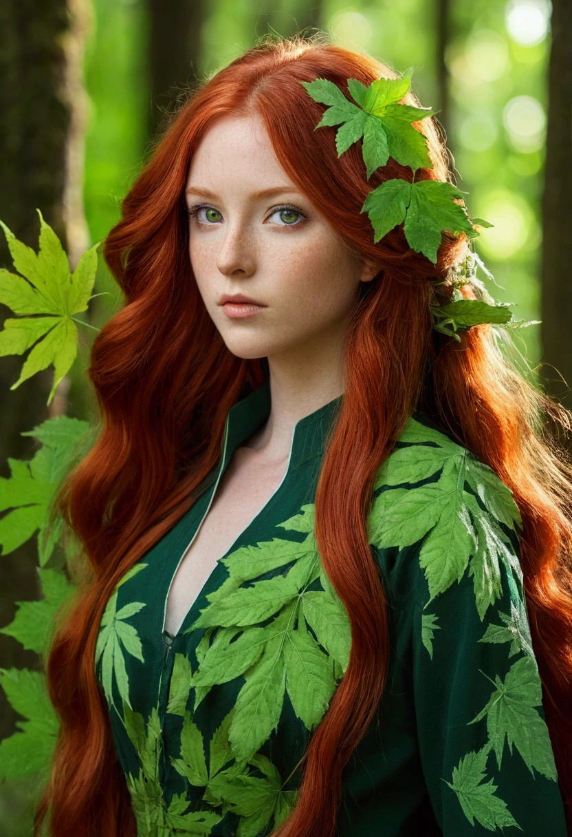 Young woman, long red hair, greeneyes. Arte estilo de anime, forest background. she is posing, she is wearing leaf clothes. It was primal.