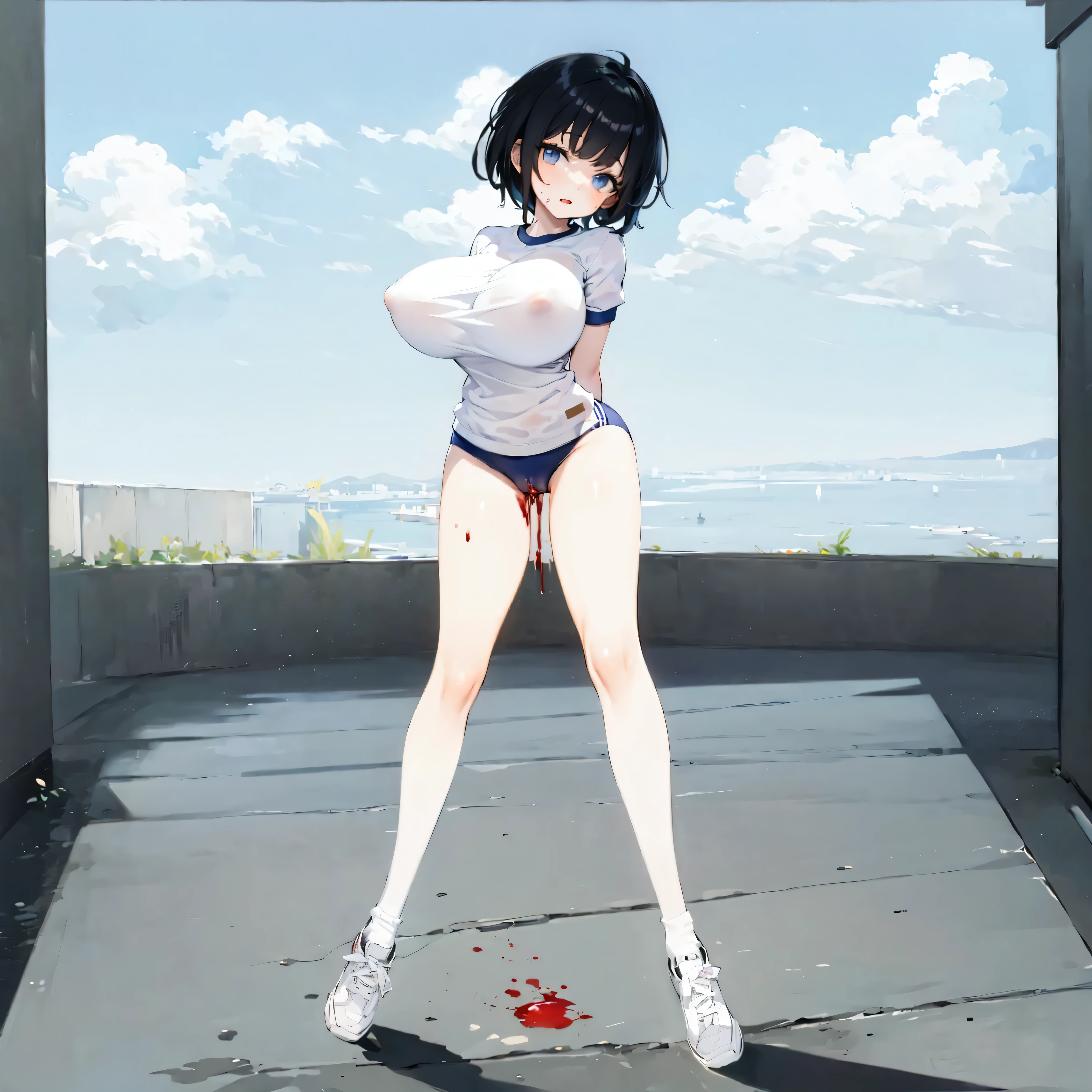 (solo), skinny girl standing in primary school, arms behind back, pigeon toed, tiptoe, (very short tight brm), (thigh gap:1.2), (gym uniform), (swaying back), (show off cameltoe for viewer:1.2), (bursting huge breasts:1.2), (disproportionately huge breasts), BREAK, long (skinny legs), BREAK, school buildings in background, BREAK, nsfw, orgasm, expressionless, coverd erectile nipples, (coverd huge clitoris:1.2), (brm digging deep into cameltoe:1.2), (blood dripping down between thighs from cameltoe:1.5)