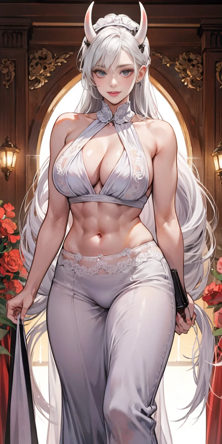 1 full length girl standing, good ass, maid of honor, Hairstyle with a white braid, white hair, blind, perfect lighting, muscular, thighs, mature woman, Mummy, belly button, ABS, look at the viewer (masterpiece, high quality: 1.1) smile, Extremely huge breasts, maternal, Porcelain skin, Extra long hair, shiny skin, good face, oni horns