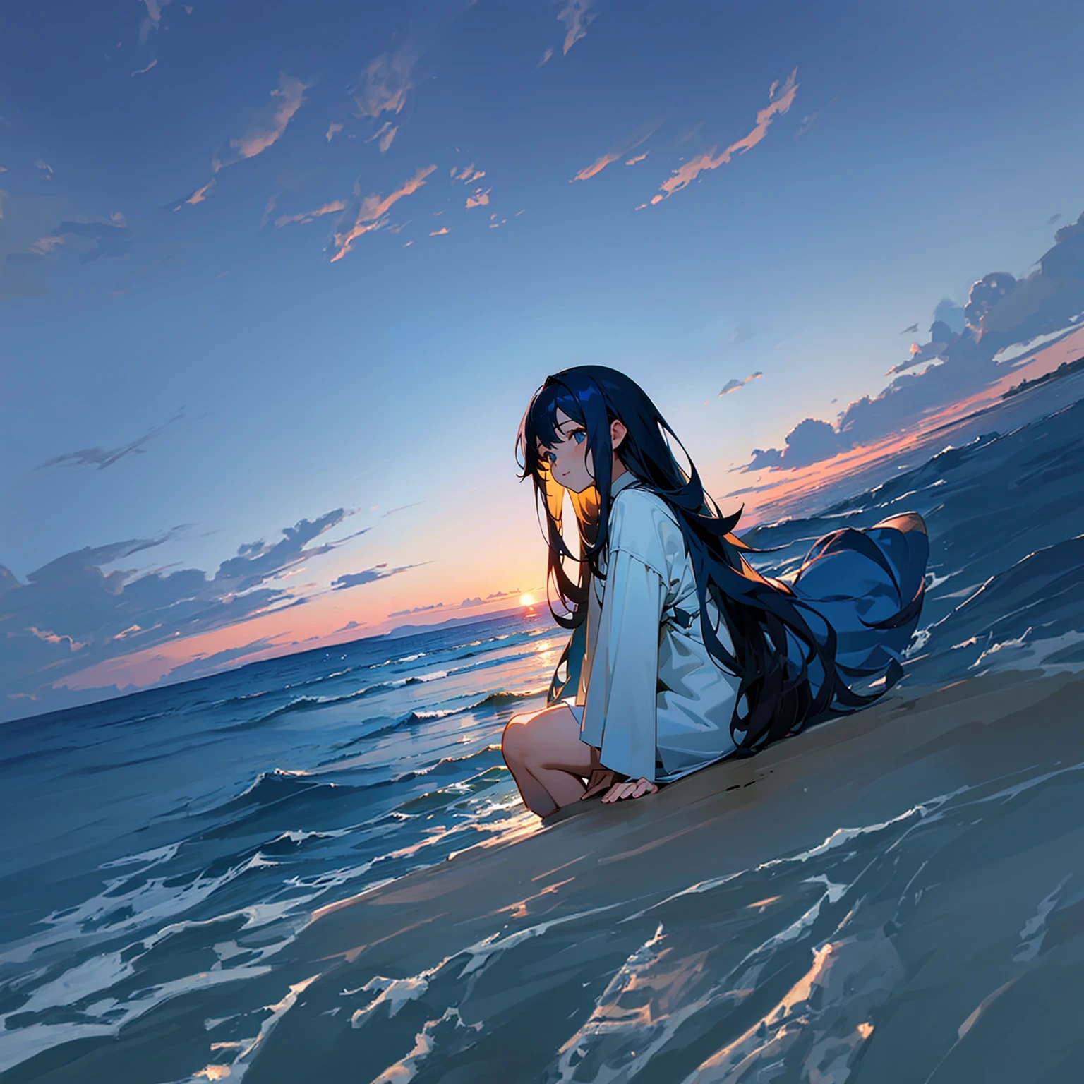 sea beach, The protagonist faces the sea., Twilight