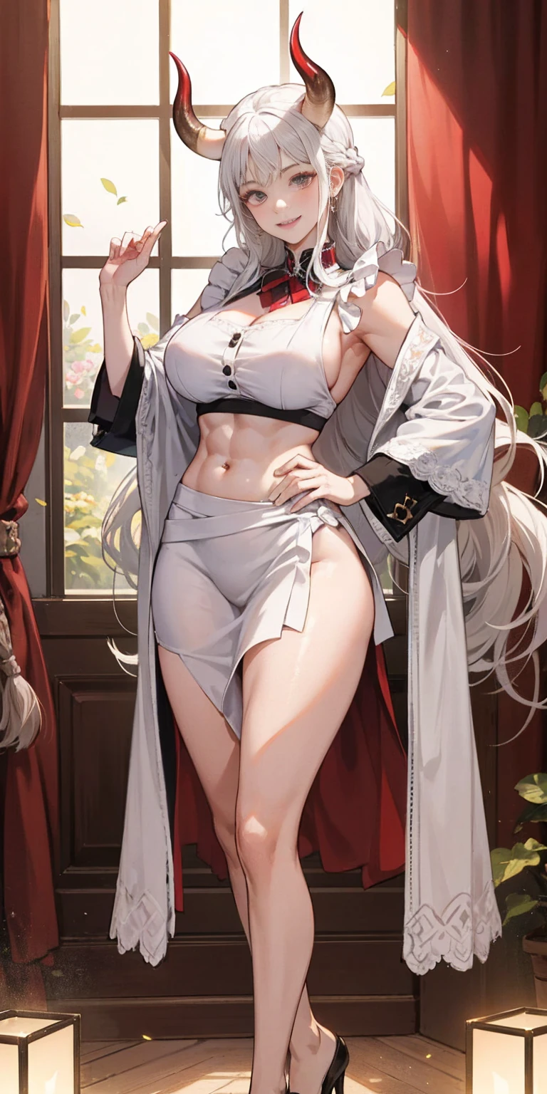 1 full length girl standing, good ass, maid of honor, Hairstyle with a white braid, white hair, blind, perfect lighting, muscular, thighs, mature woman, Mummy, belly button, ABS, look at the viewer (masterpiece, high quality: 1.1) smile, Extremely huge breasts, maternal, Porcelain skin, Extra long hair, shiny skin, good face, oni horns