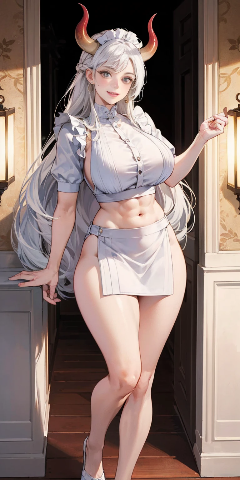 1 full length girl standing, good ass, maid of honor, Hairstyle with a white braid, white hair, blind, perfect lighting, muscular, thighs, mature woman, Mummy, belly button, ABS, look at the viewer (masterpiece, high quality: 1.1) smile, Extremely huge breasts, maternal, Porcelain skin, Extra long hair, shiny skin, good face, oni horns