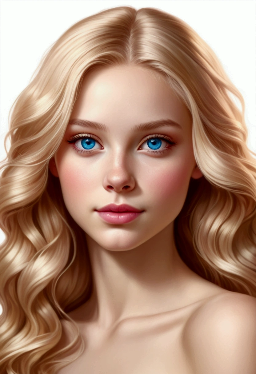 Adorable and innocent face, fair skin, (long and wavy blonde hair), blue eyes, slender European young woman, pink gold rose gold color themed, anatomically correct, realistic proportions, Realistic Photo