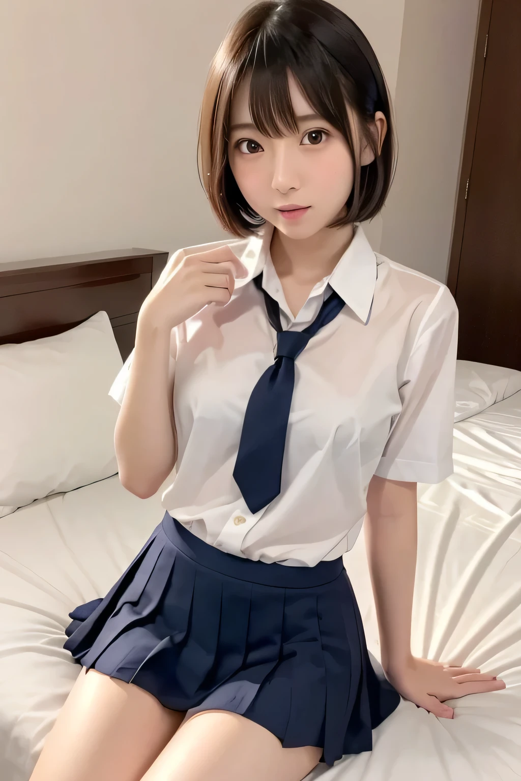(Cute Japanese Girls), Sexy 18 year old girl, (The cutest faces), Thin chest, Thin thighs, short hair, On the bed, (((school uniform))), ((model like sexy pose)), (expression in orgasm),
