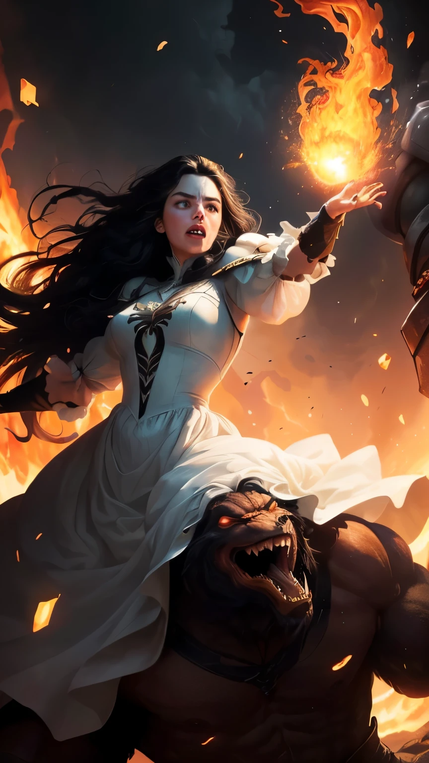 ((best quality)), ((masterpiece)), (detailed), A digital illustration of a furious long black haired woman wearing a full white princess dress throwing the head of a giant monster at night. The background is lava