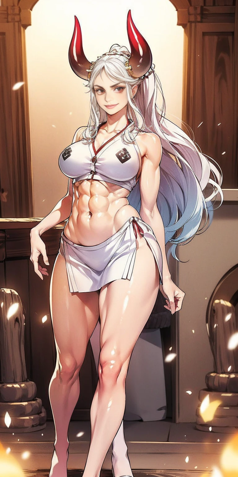 1 full length girl standing, good ass, maid of honor, Hairstyle with a white braid, white hair, blind, perfect lighting, muscular, thighs, mature woman, Mummy, belly button, ABS, look at the viewer (masterpiece, high quality: 1.1) smile, Extremely huge breasts, maternal, Porcelain skin, Extra long hair, shiny skin, good face, oni horns