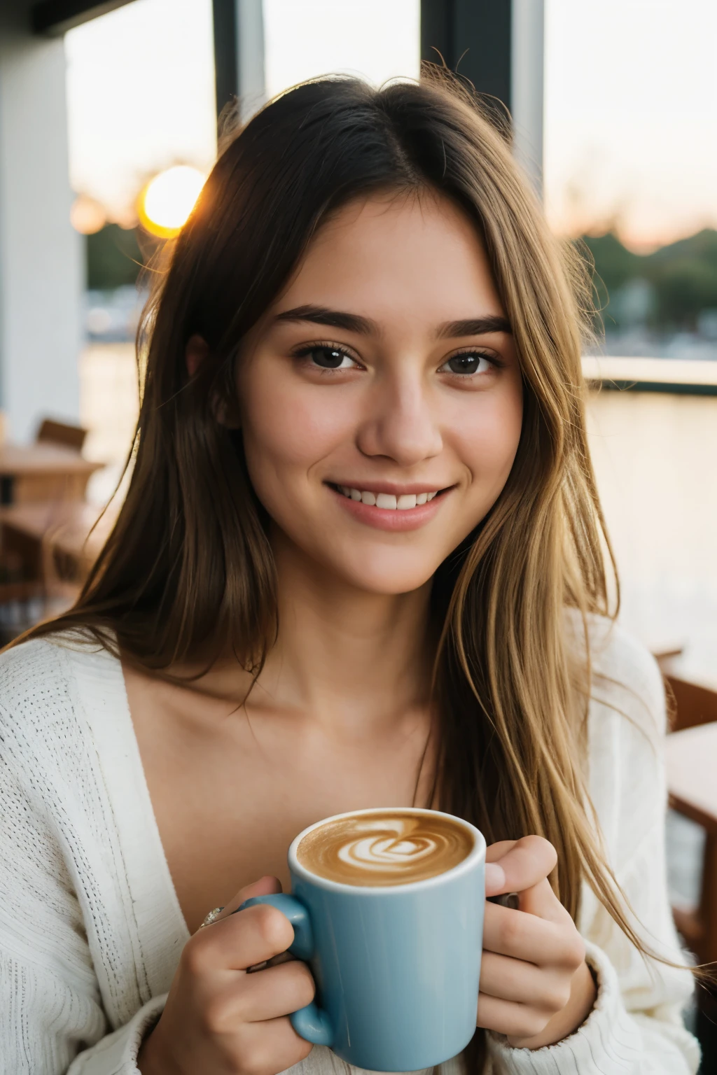 Cute beautiful blonde with yellow sweater (Drinking coffee in a modern café at sunset), muito detalhado, 14years old, innocent face, naturally wavy hair, blue eyes, high-res, masterpiece, best qulaity, Intricate detailing, muito detalhado, sharp focus, detailed skin, realistie Hauttextur, Textur, detailled eyes, professional, 4K, charming smile, taken with Canon, 85 mm, light depth of field, Kodak Vision Color, perfectly fitting body, extremely detail, photoshot_\(ultra\), fotorealisti, realisti, Post processing, maximum details, roughness, real life, ultrarealisti, photoshotrealismus, photoshotgrafie, 8K UHD, photoshotgrafie