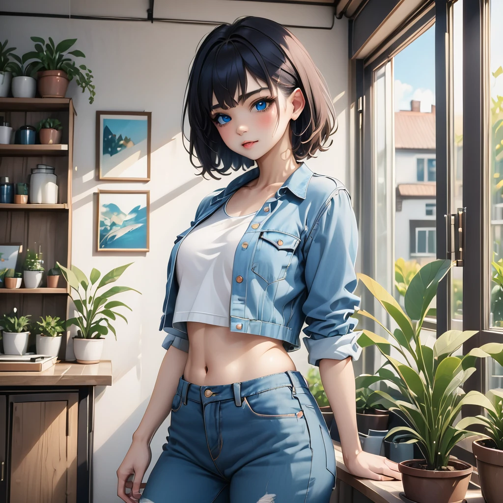 

"Create an AI-generated image of a young woman with short black hair and striking blue eyes. She is wearing a white crop top and an open blue denim shirt, which reveals her toned midriff. The setting is indoors, with natural light coming from a window in the background. There are some plants and modern decor elements visible. The style should be highly detailed, with a focus on the character's expressive features and casual yet stylish outfit."

 