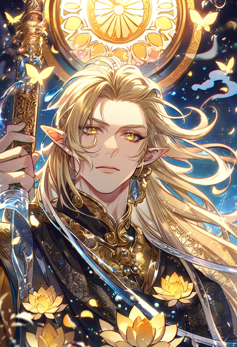 (absurdres, highres, ultra detailed, HDR) master piece, best quality, delicated features, Sun Wukong, ash-blonde hair, without bangs, expressive yellow eyes, long hair, messy hair, omniscient reader's viewpoint, slightly pointed ears, solo, sexy man, handso, black cape, patterns, magical, fantasy, yellow butterflies, glittering, sparkling, yellow lotus, petals, radiant, water