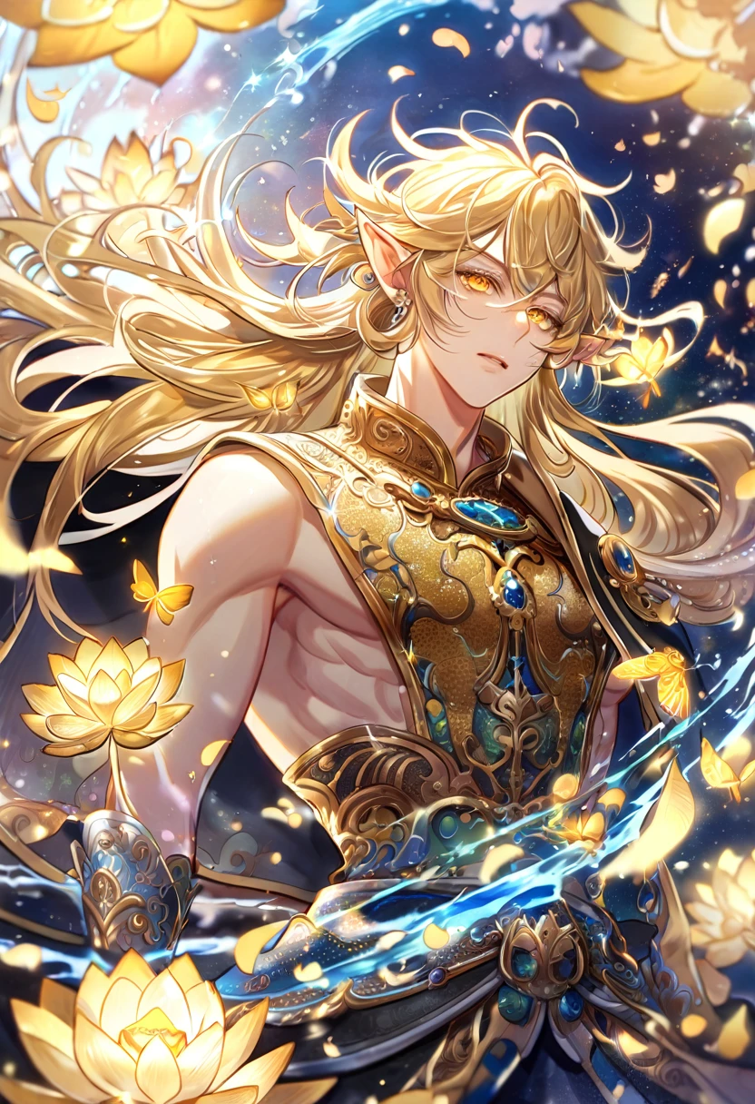 (absurdres, highres, ultra detailed, HDR) master piece, best quality, delicated features, Sun Wukong, ash-blonde hair, without bangs, expressive yellow eyes, long hair, messy hair, omniscient reader's viewpoint, slightly pointed ears, solo, sexy man, handso, black cape, patterns, magical, fantasy, yellow butterflies, glittering, sparkling, yellow lotus, petals, radiant, water