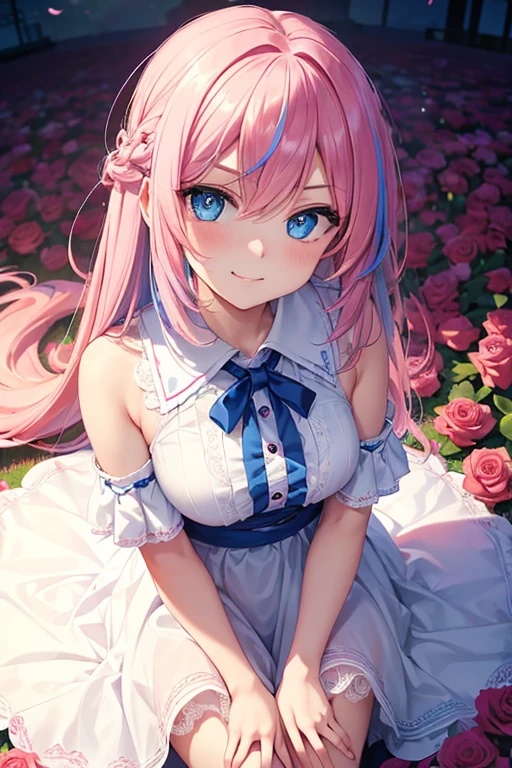 ((highest quallity, tabletop)), ((Style - Swirl Magic):0.75)
a girl,(((work of art)))、((超detaildedな、highest quallity、high resolution、Cinema lighting))、all-body、From above、all-bodyショット (1 girl)(rainbow hair、colored hair、half blue、half pink hair:1.2)(Both sides up)(greeneyes)、ombre、eyeliner、glare eyes、Olho hiperdetailded、Complex Eyes、gorgeous eyes、((shining blue eyes))girl of 18 years old、a seductive smirk、detailded, crimson light, detailded background, Field of pink roses, white summer dress, Scary clouds, light particles, sitting on roses,
