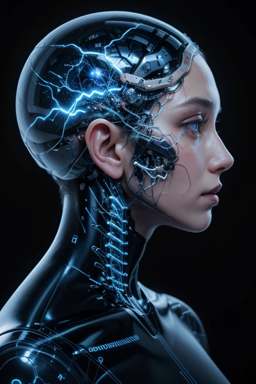 A human head seen in profile, where the brain is replaced by electronic circuits and digital neural networks, highlighting the fusion between biological and artificial intelligence. The background is a mix of blue and black with a technological glow