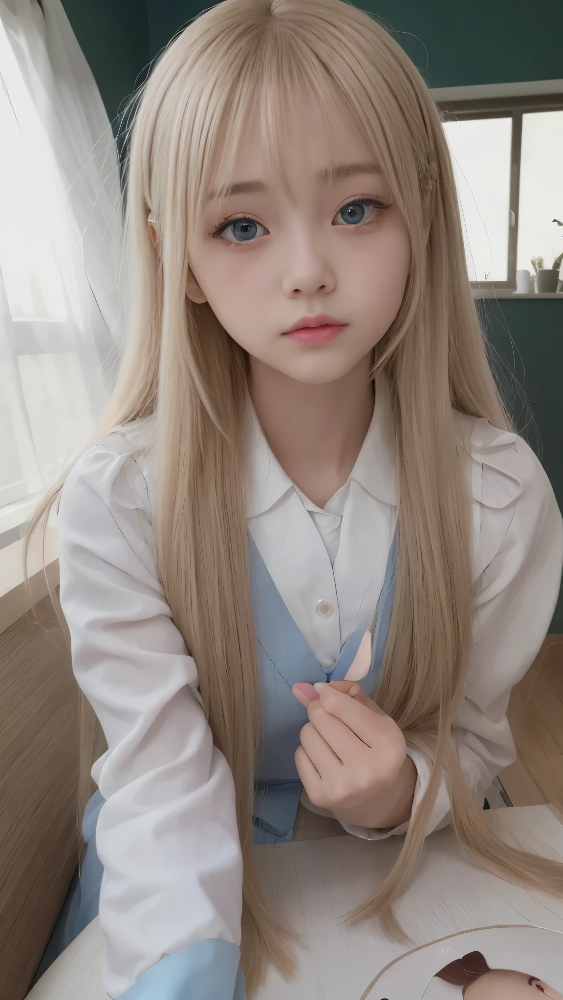 Bright expression、Photorealism、Highest quality、Ultra-high resolution、picture、Photos of the most beautiful Scandinavian girls、A cute and beautiful face down to the last detail、(Pure Eros Face_v1:0.008)、Beautiful Bangs、Alice in Wonderland、18-year-old、Glowing White Skin、Hair sticks to face、Bangs on the face、Bans、Hair between the eyes、Super long hair、Attractive bright natural blonde super long straight silky hi-light hair、Beautiful bright transparent light blue big eyes that are charming and shining、School uniforms、、eyeliner、double eyelid、Ample breasts
