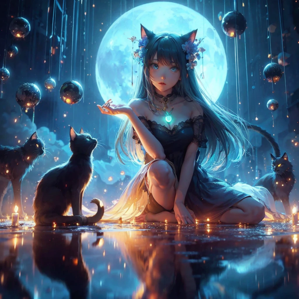 Anime girl with a cat and the moon in the background, anime art wallpaper 8k, anime style 4k, anime art wallpaper 4k, anime art wallpaper 4k, beautiful anime cat girl, very beautiful anime cat girl, Beeple and Jeremiah Ketner,White hair, fantasy art style, 4k anime wallpaper, anime wallpaper 4k, anime wallpaper 4k, 4K detailed digital art