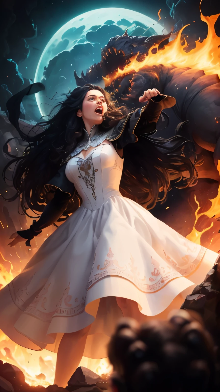 ((best quality)), ((masterpiece)), (detailed), A digital illustration of a furious long black haired woman wearing a full white princess dress throwing the head of a giant monster at night. The background is lava