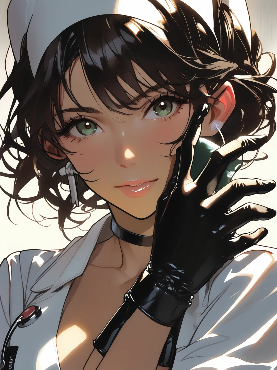 26 y.o sexy nurse, putting on rubber gloves, detailed eyes, natural skin, hard shadow. Style by J.C. Leyendecker. Style by Makoto Shinkai