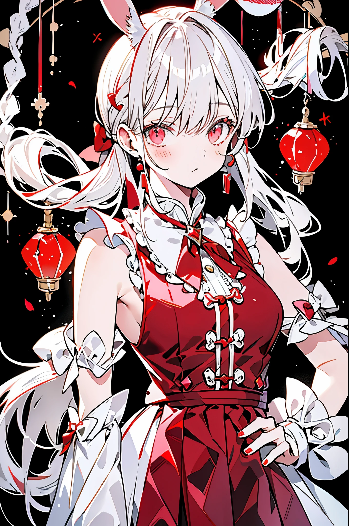 Rabbit ears，White twin ponytails，Bai Changzhi，crown，castle，Pleated dress，Red Eye，Big red gem on chest，There is a red bow on the neck，The upper body is decorated with many pearls，sleeveless，Royal sister，White Dove