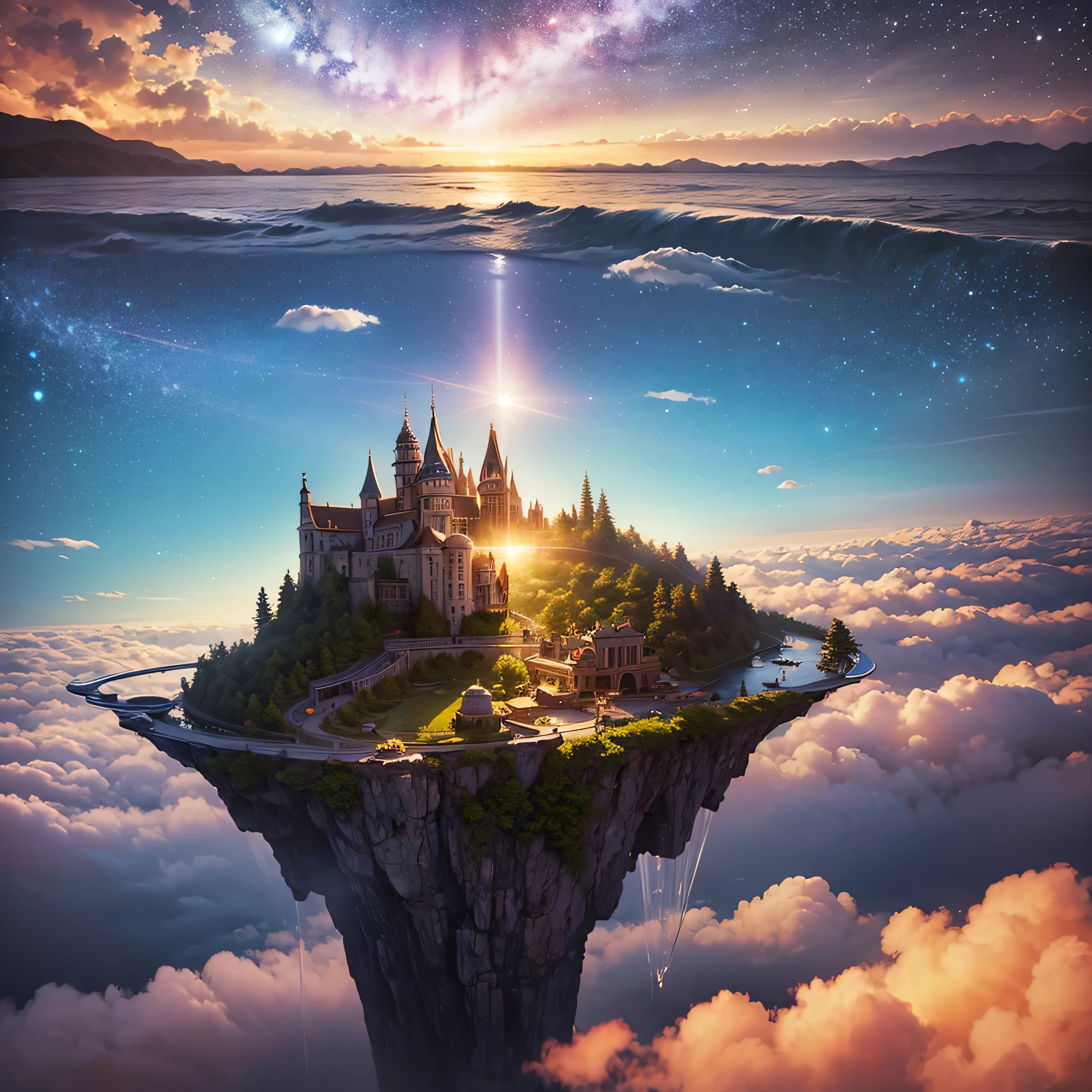 (8k, highest quality, masterpiece, final fantasy style: 1.2), (unRealistic, photoRealistic: 1.37), Dreamy landscape, Fantasy, Unsurreal landscapes, Super detailed, Flying Castle, Floating Island in the Sky, Seven-colored swirl of light, Intense lightning, milky way, Complex Light, Colored light, Large Lake, Starry sky reflected on the lake surface, Countless shining stars, Meteors, Reflections , (A pillar of light emanated from the ground:1,2),heavenly roses and orchids gardens on the ground , sunset, pink clouds, waterfall in the sky, realistic style, Hyperrealism drawing, fairies flying, a flying pirate ship floating at the clouds level