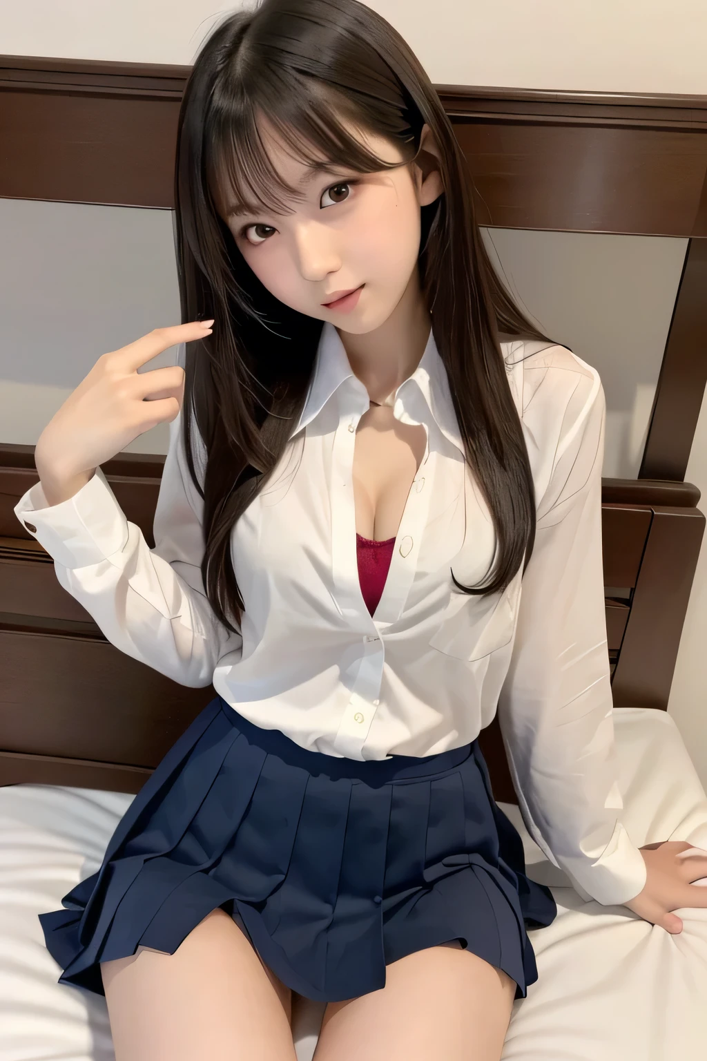 (Cute Japanese Girls), Sexy 18 year old girl, (The cutest faces), Thin chest, Thin thighs, Straight hair, On the bed, (((school uniform))), ((model like sexy pose)), (expression in orgasm), (lying on),