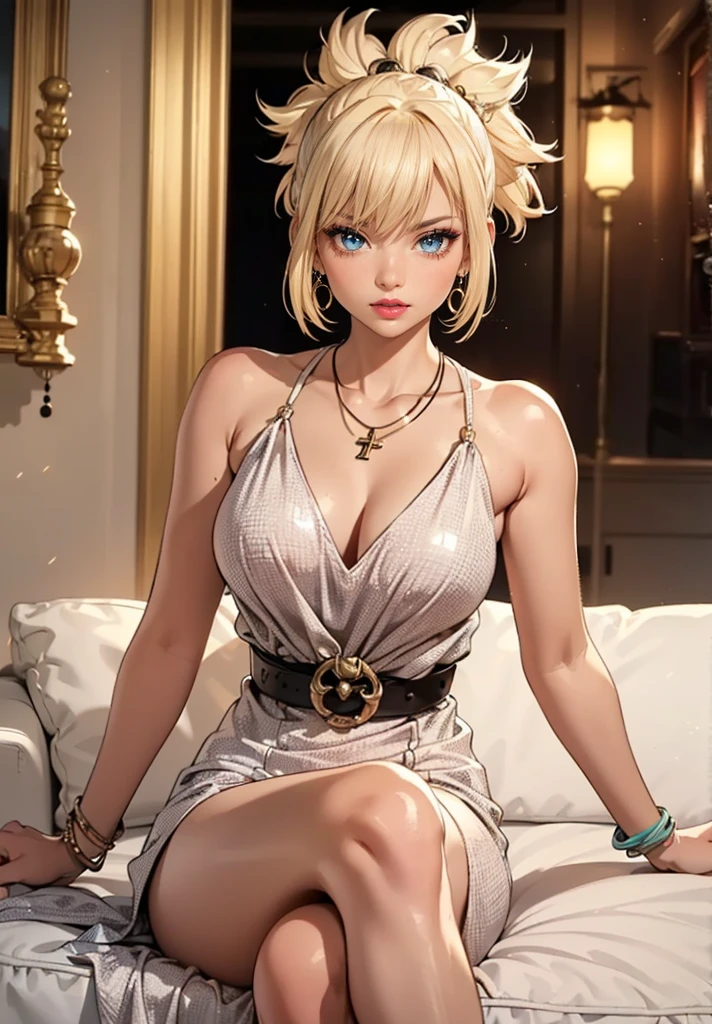 ((1woman, (solo, 1girl, alone), kohaku, blonde hair, blue eyes, tied hair)), smug, ((solo, (1woman, pink lipstick), Extremely detailed, ambient soft, (( white dress, long dress, elegant dress, fancy dress, black belt, sitting in an armchair, legs crossed, office, living room, modern apartment, necklace, bracelets, earrings, lamp ))