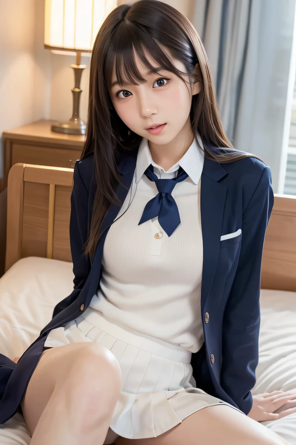 (Cute Japanese Girls), Sexy 18 year old girl, (The cutest faces), Thin chest, Thin thighs, Straight hair, On the bed, (((school uniform))), ((model like sexy pose)), (expression in orgasm), (lying on),