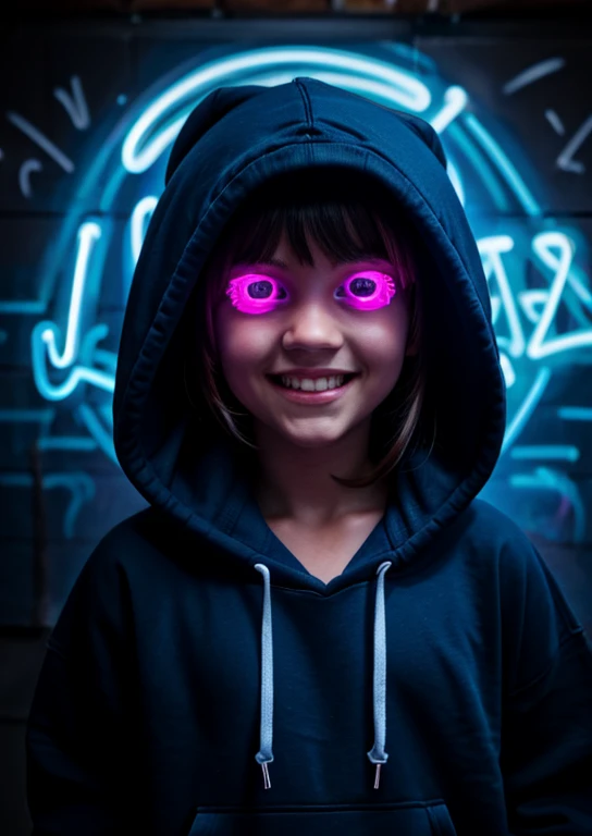detailed background, masterpiece, best quality, smile, ornament, hoodie, portrait, blue neon, graffiti, dark, night, glowing eyes, blacklight