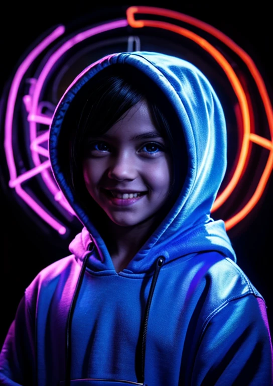 detailed background, masterpiece, best quality, smile, ornament, hoodie, portrait, blue neon, graffiti, dark, night, glowing eyes, blacklight