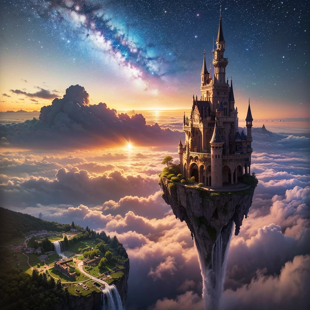 (8k, highest quality, masterpiece, final fantasy style: 1.2), (unRealistic, photoRealistic: 1.37), Dreamy landscape, Fantasy, Unsurreal landscapes, Super detailed, Flying Castle, Floating Island in the Sky, Seven-colored swirl of light, Intense lightning, milky way, Complex Light, Colored light, Large Lake, Starry sky reflected on the lake surface, Countless shining stars, Meteors,  Reflections , (A pillar of light emanated from the ground:1,2),heavenly roses and orchids gardens on the ground , sunset, pink clouds, waterfall in the sky, realistic style, Hyperrealism drawing, fairies flying, a flying pirate ship floating at the clouds level 
