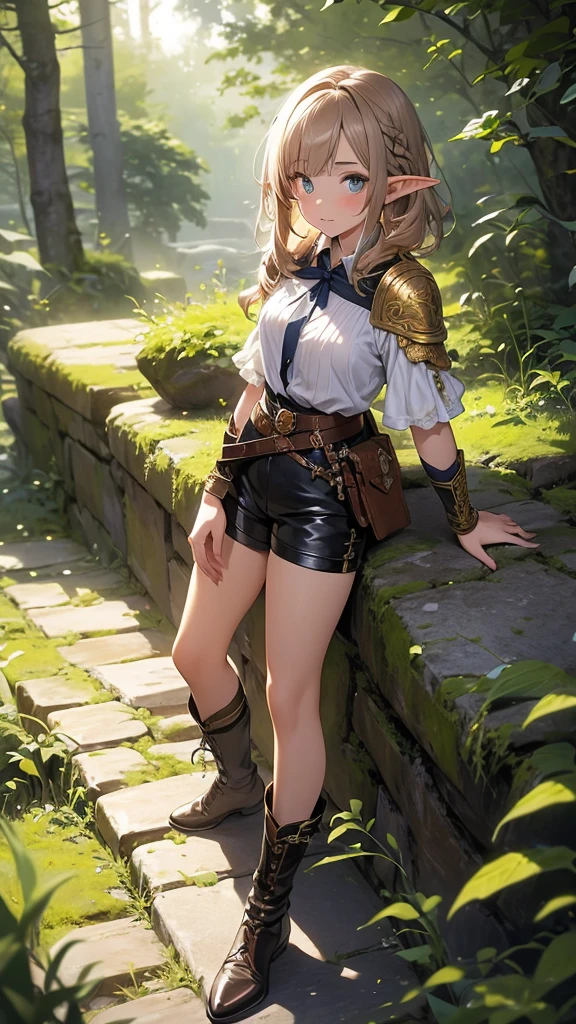 Create a series of detailed images of a beautiful 18 year old girl with the following characteristics and outfits. Each image must feature the girl in a different pose, maintaining the same style and details of the outfit:
character features:
dark brown hair, far away, cascading down to the waist, with a slight curl at the ends.
eyeballs: greens, bright and expressive.
ears: Elven, pointed and graceful, slightly visible through the hair.
vestimentas:
blouse: manga curta, elven-style, made from a light and resistant white fabric, adorned with golden embroidery that forms intricate patterns of leaves and vines.
armour: Leather brown, with finely crafted plates, molded to fit the body, providing both protection and mobility. The armor has bronze details, with elven symbols engraved on the shoulders and chest.
Short: brown color shorts, made from the same leather as the armor, with small side pockets and a belt with a buckle decorated with an elven emblem.
booties: highres, up to the knee, made of dark brown leather. The boots are reinforced with metal plates on the ankles and shins., and have interlaced leather side zips. The top of the boots is adorned with embroidery that matches that of the blouse..
Poses:
Pose 1: standing, with one hand on his waist and the other holding a sheathed sword.
Pose 2: crouched, examining a bright plant on the forest floor.
Pose 3: In Motion, as if you were running, with hair and clothes blowing in the wind.
Pose 4: sitting on a rock, with a thoughtful expression, gazing at the horizon.
Scenario:
Add a magical forest setting to the background, with soft lights and bright plants, to complete the elven atmosphere in each image.