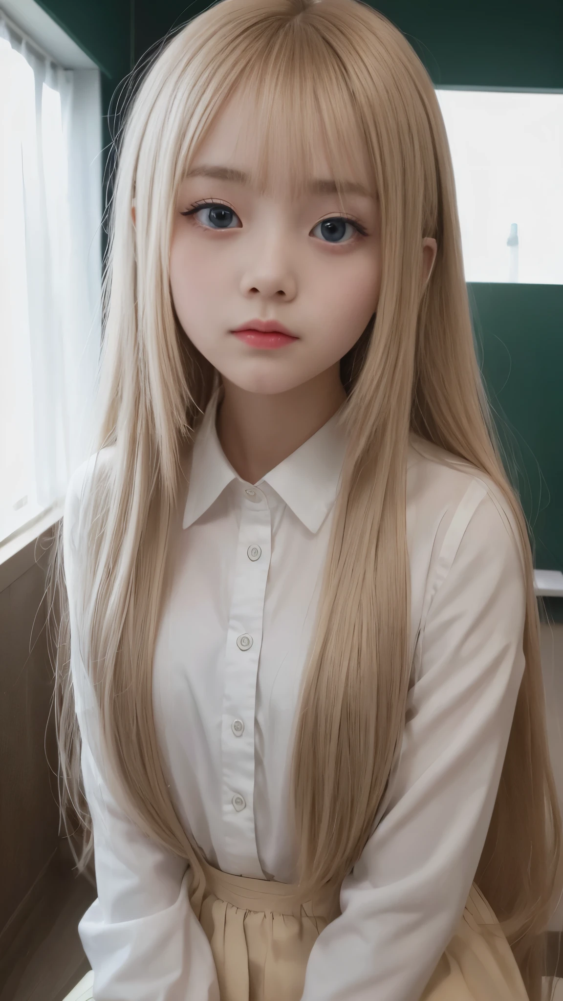 Bright expression、Photorealism、Highest quality、Ultra-high resolution、picture、Photos of the most beautiful Scandinavian girls、A cute and beautiful face down to the last detail、(Pure Eros Face_v1:0.008)、Beautiful Bangs、Alice in Wonderland、18-year-old、Glowing White Skin、Hair sticks to face、Bangs on the face、Bans、Hair between the eyes、Super long hair、Attractive bright natural blonde super long straight silky hi-light hair、Beautiful bright transparent light blue big eyes that are charming and shining、School uniforms、、eyeliner、double eyelid、Ample breasts