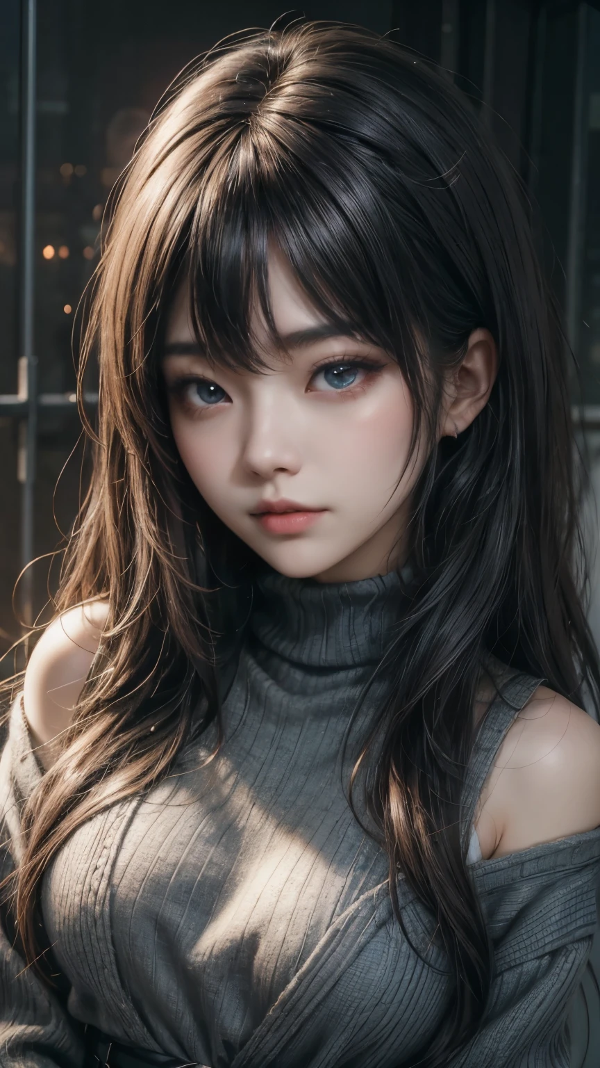 (((Upper body shot,Close-up photo)))、(((Shoulder-length brown straight hair,With bangs,Bun hairstyle)))、(((Against a light interior background.)))、(((Turquoise Summer Sweater)))、very cute、18 year old girl、Light eye makeup、Shiny, Ultra-realistic faces、Subtle lighting effects、 Ultra-realistic capture、Very detailed、High resolution 16K、Skin texture must be natural、skin health、Uniform tone、Use natural light and color、D cup breasts、There are dots on the chest、 High-quality photos taken by model agencies、angry