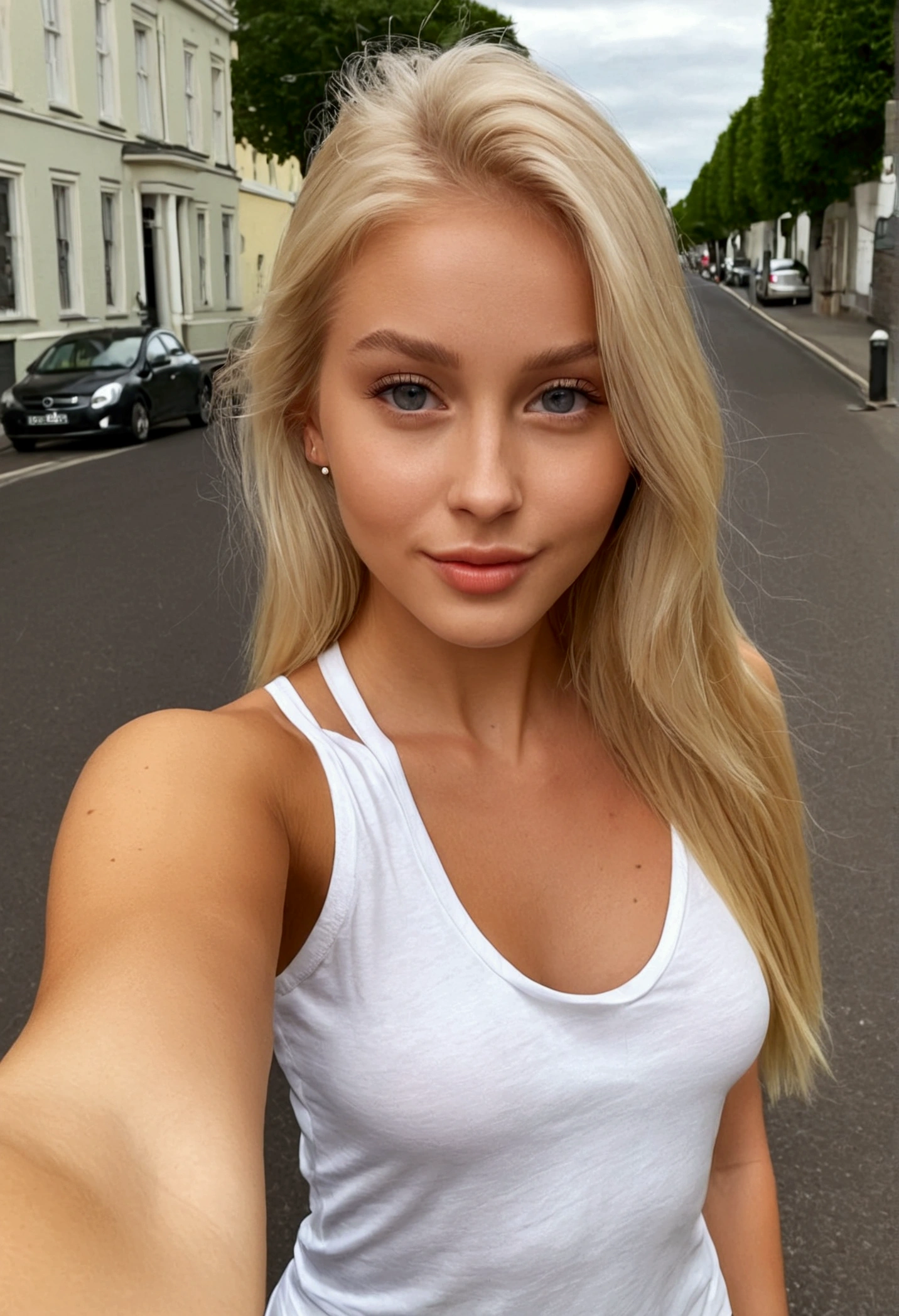 beautiful blonde girl taking frontal selfie on the street with her arm extended towards where the camera is,which makes a thumb with the other hand,
