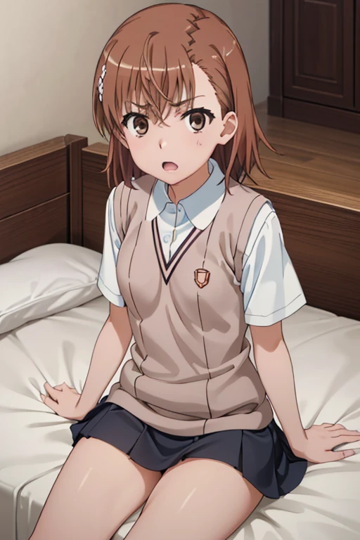 ((masterpiece,High resolution,Highest quality,8k))
(A Certain Scientific Railgun,Misaka Mikoto)(14-year-old female,Brown Hair,Short Hair,Small breasts,Slim figure)
(school uniform,Sweater vest,White Shirt,Short sleeve,mini skirt)orgasm(masturbation)Fingering,Put your hands in your panties,On the bed